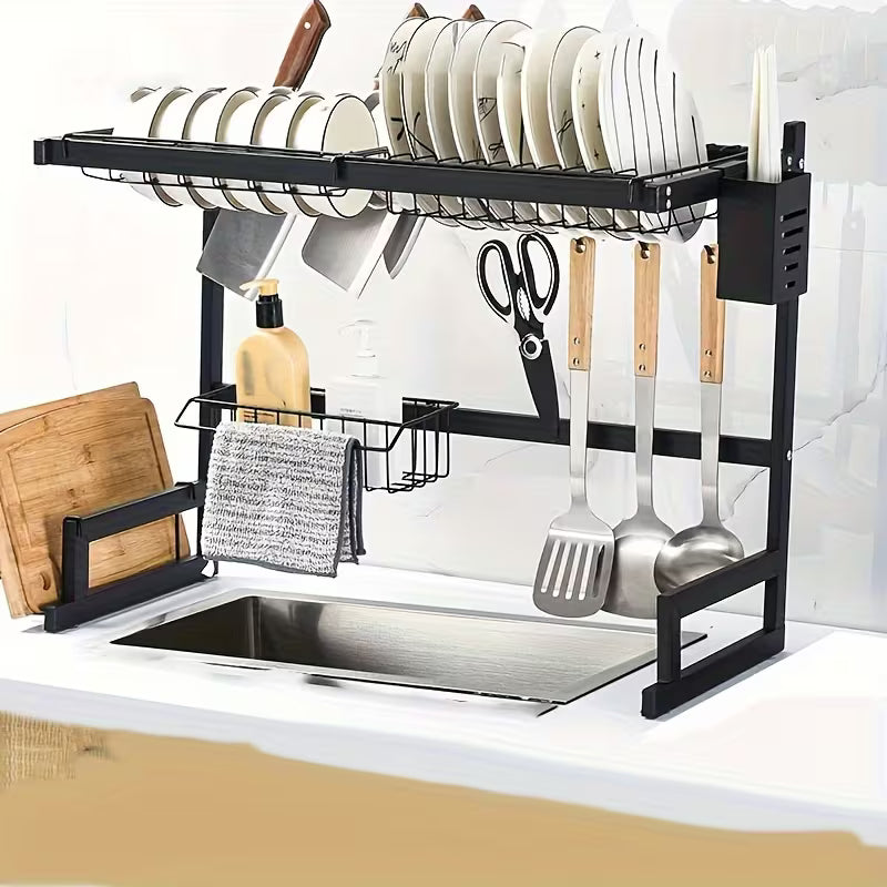 Seca Platos de Acero Inoxidable 2 Pisos 66 cm | Escurridor Vajilla Negro