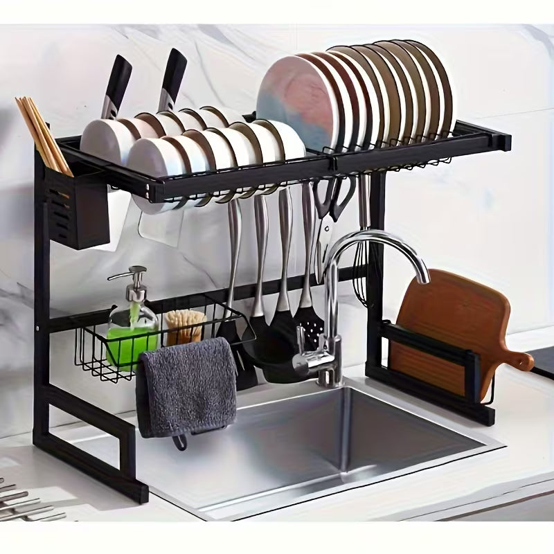 Seca Platos de Acero Inoxidable 2 Pisos 66 cm | Escurridor Vajilla Negro