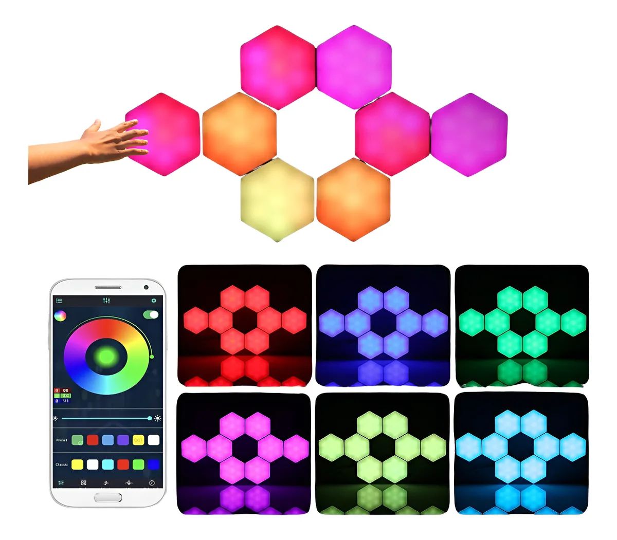 Módulos LED RGB Hexagonales Táctiles con Control Remoto – Pack x3