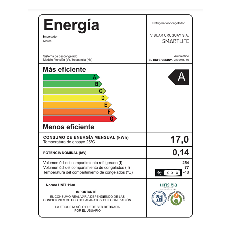 Smartlife REFRIGERADOR FRÍO SECO 342 L | INOX | C/ DISP. | INVERTER