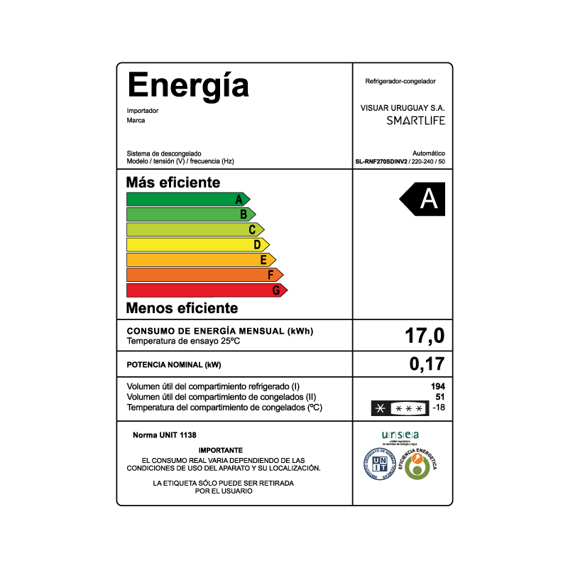 Smartlife REFRIGERADOR FRÍO SECO 262 L | INOX | C/ DISP. | INVERTER