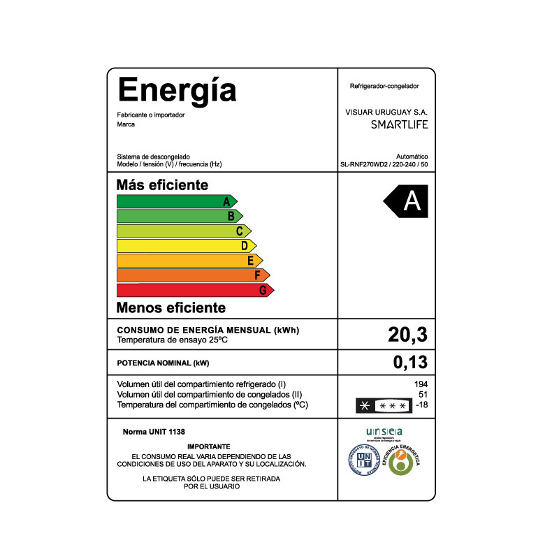 Smartlife REFRIGERADOR FRÍO SECO 262 L | BLANCA | C/ DISP.