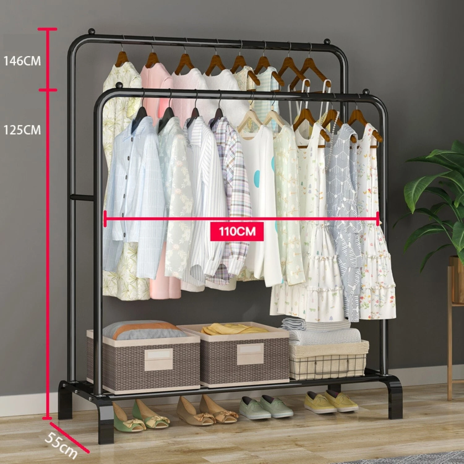 Perchero Organizador de Ropa Doble Barra de Metal | Closet Hogar Negro