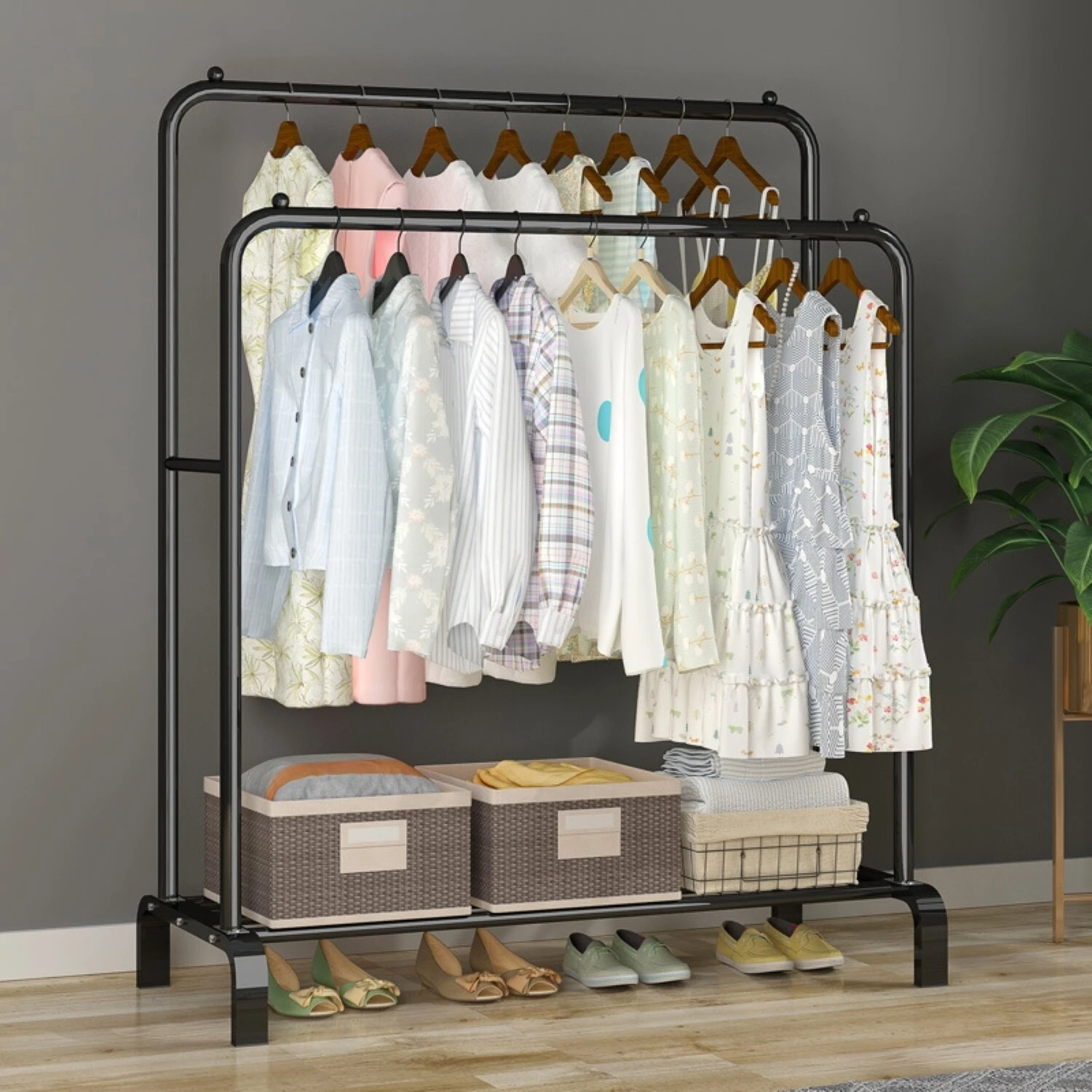Perchero Organizador de Ropa Doble Barra de Metal | Closet Hogar Negro