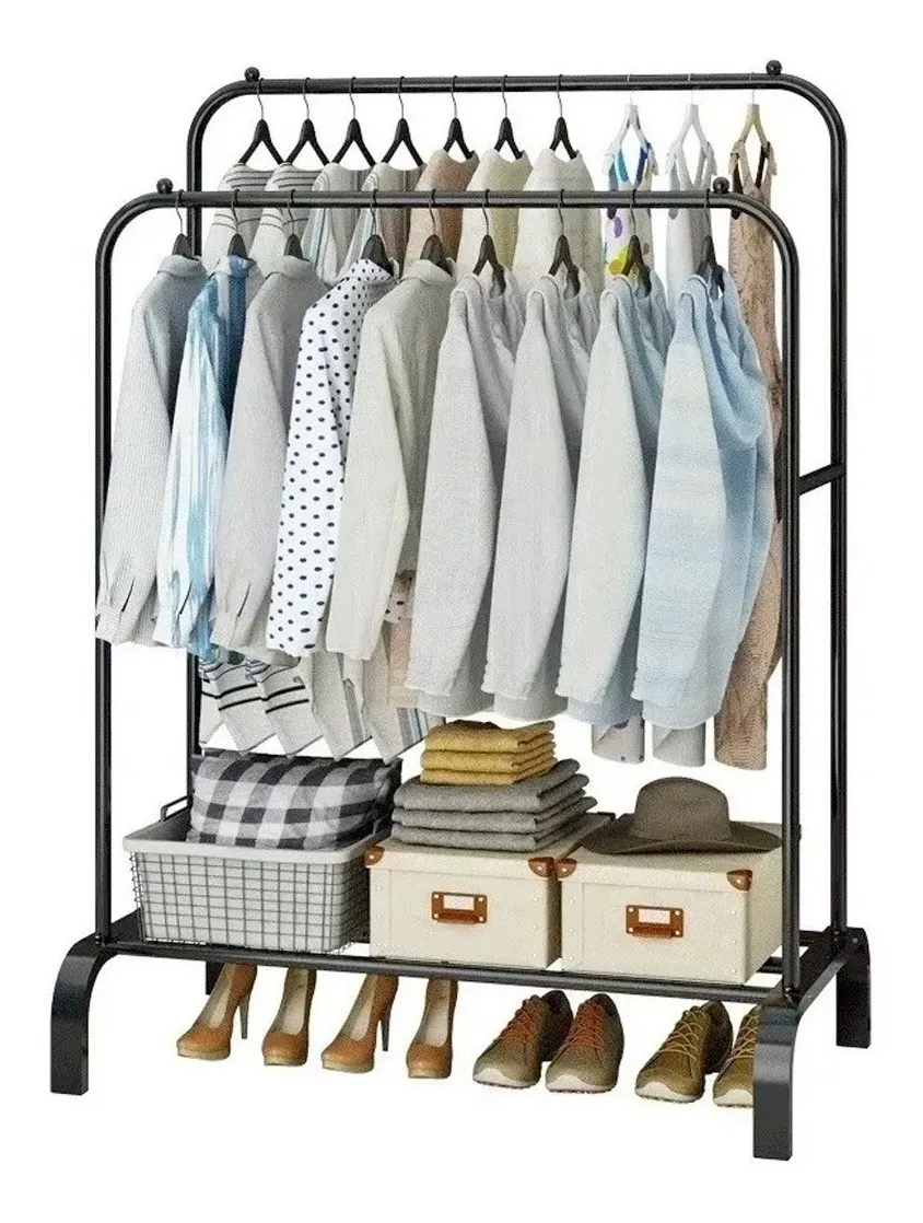 Perchero Organizador de Ropa Doble Barra de Metal | Closet Hogar Negro