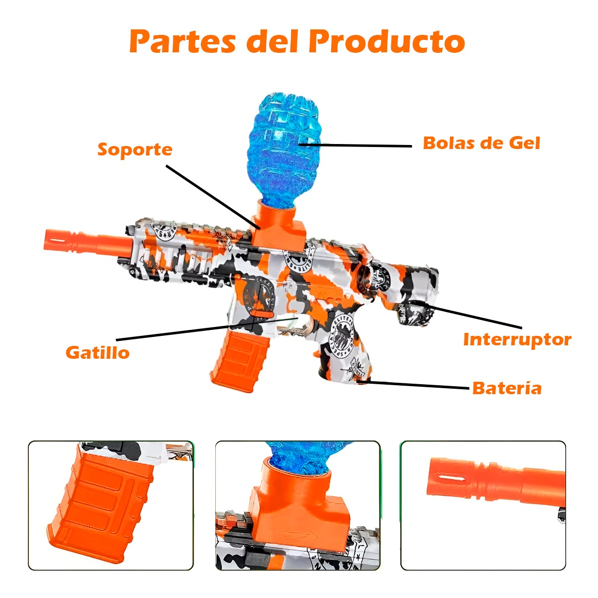 Pistola Eléctrica Lanzadora de Bolitas Hidrogel Automática | Color Naranja