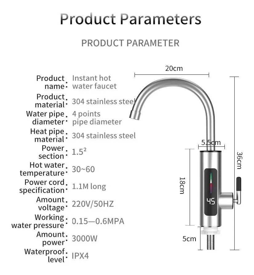 Canilla Electrica Calentador De Agua Instantáneo Para Mesada Gris Acero Inoxidable