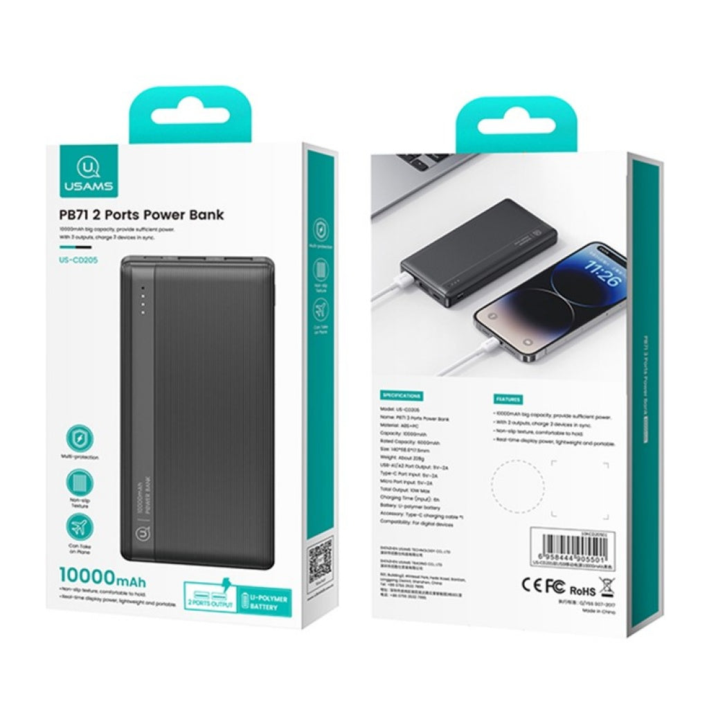 Power Bank PB71 10000mAh Dual USB Carga Rápida Negro CD205 USAMS