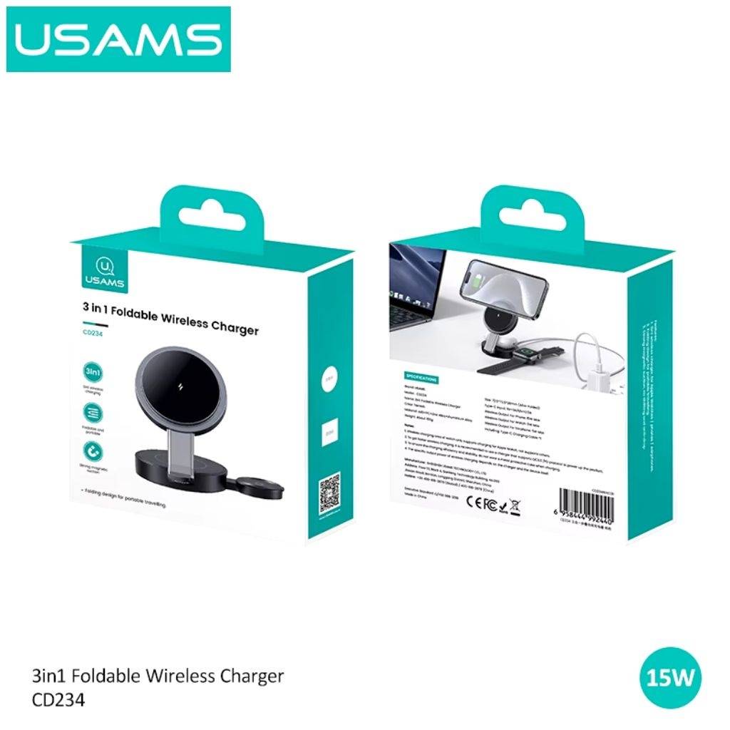 Cargador Inalámbrico 15W 3 en 1 Carga Rápida Negro CD234 USAMS